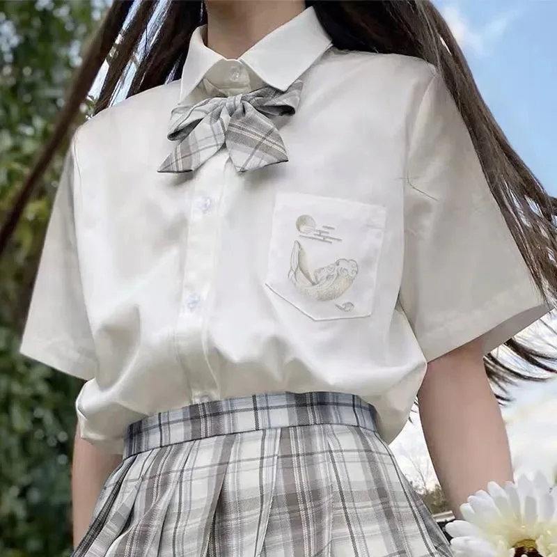 

Women Summer Blouses Shirt Short Sleeve Solid White Tops with Tie Bow Japanese Korean JK Style Female Shirts Lapel Blusas Mujer