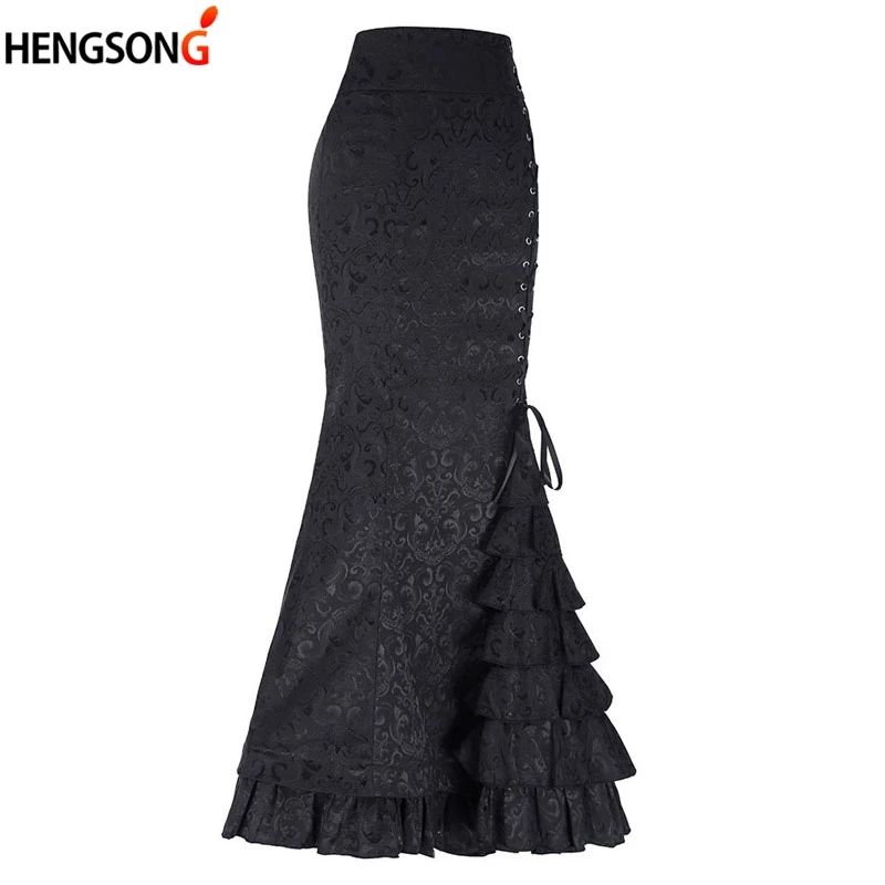 

Gothic Vintage Long Mermaid Skirt Asymmetric Floral Print Vintage Patchwork Lace Up Bandage Ruffle High Waist Goth Mermaid Skirt