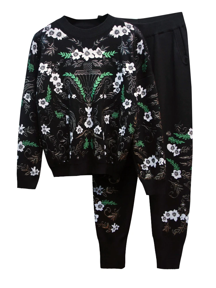 9.19 2019 Autumn Winter New women flower print long sleeve knitted sweaters coat + casual pants two-piece set | Женская одежда
