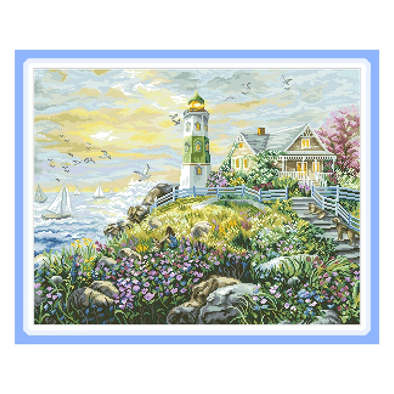 

Lighthouse on the Coast Cross Stitch Embroidery Complete Kits Printed Canvas 11CT 14CT Diy Handmade Needlework Home Decoration
