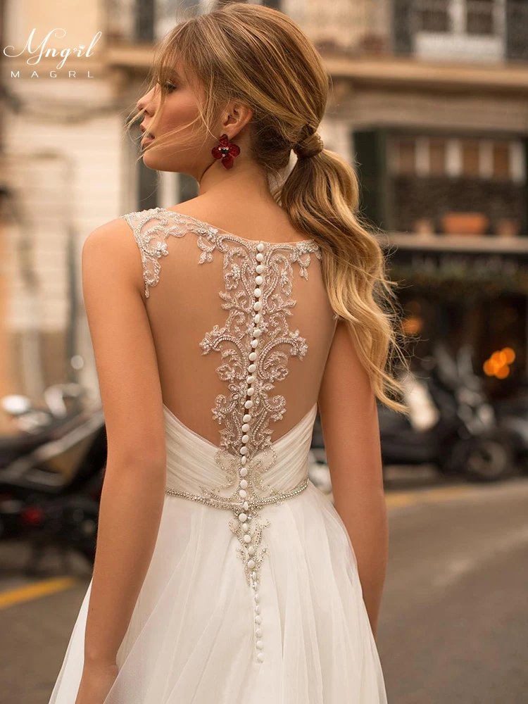 

MNGRL Simple Tube Top White Lace Fluffy Bridal Dresses Backless Perspective 3D Flower Wedding Gown Plus Size Wedding Dress