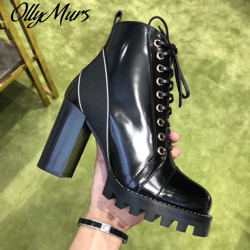 

Ollymurs Fashion Ankle Heel Boots Women Leather Short Boots Brand Ladies Shoes Chunky Heel Lace up