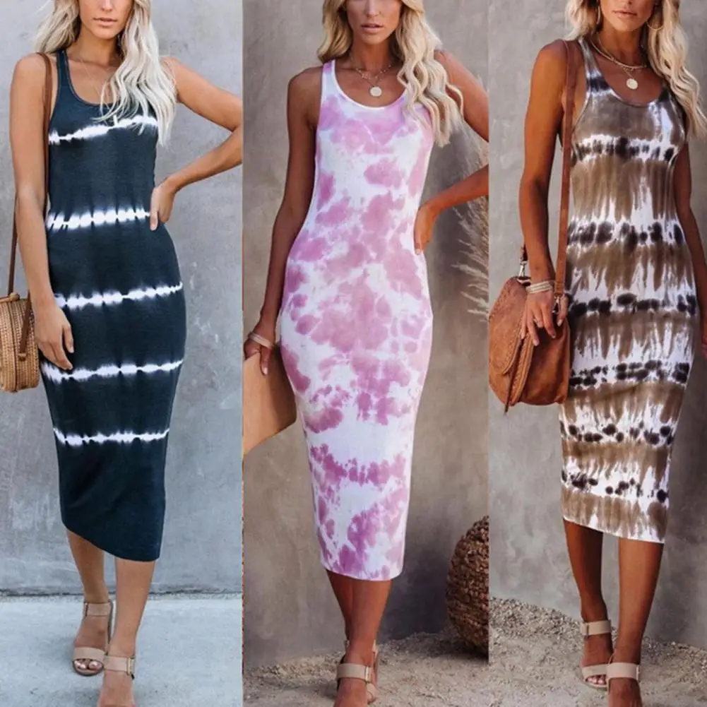 

Women Dress Summer 2021 Tie Dye Print Slim Sleeveless O-neck Bodycon Dress Midi Dress Streetwear Sexy Beach Clothes Plus Size