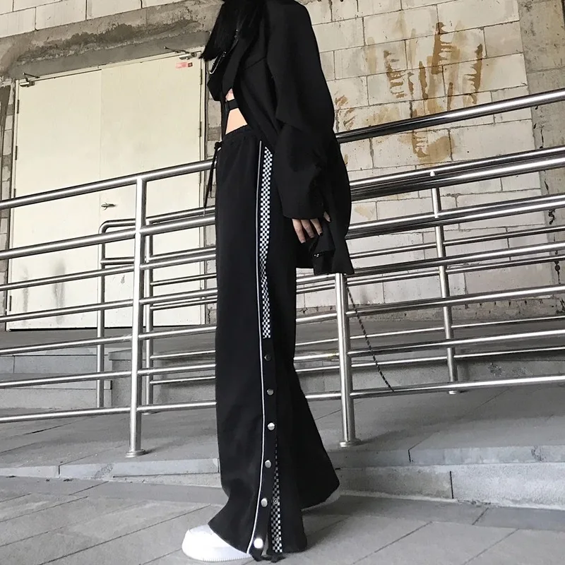

Hipster Ins Button Wide Leg Pants for Women Clothes New Loose Casual Long Capris Straight High Waist Sweatpants Black Trousers