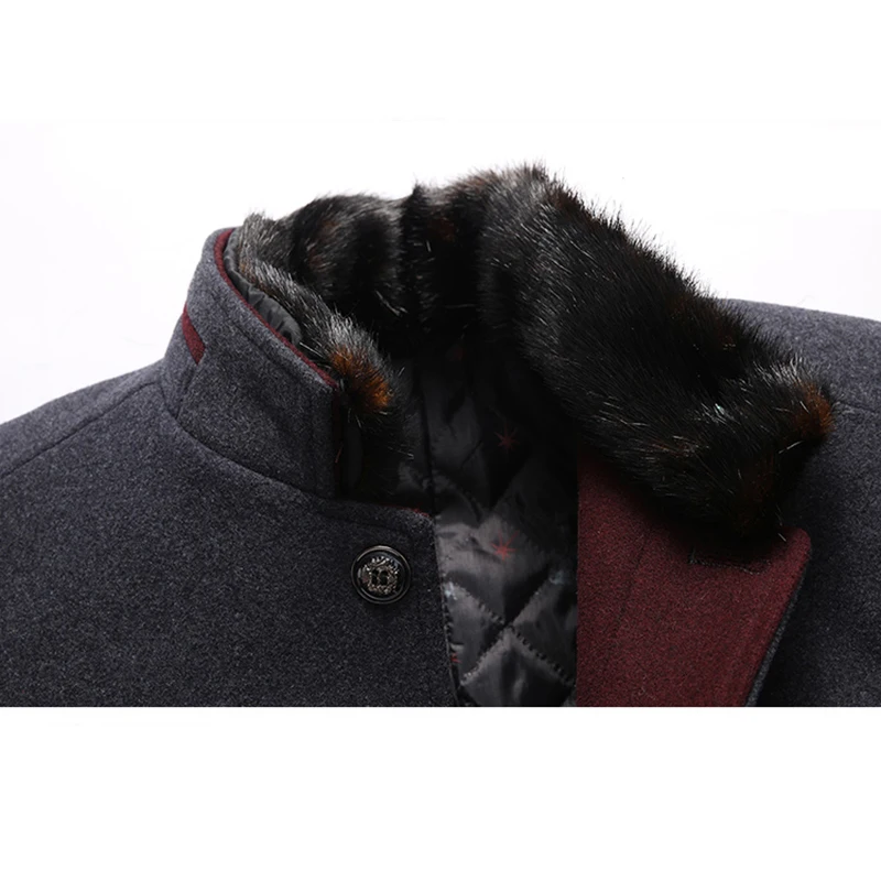 Мужское пальто с отстегивающимся меховым воротником однотонное толстое