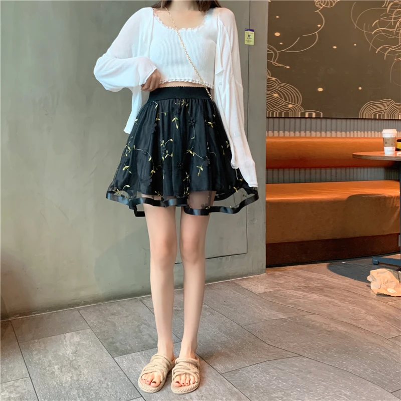 

Female Mesh Floral Casual Fashion High Waist Streetwear Stylish Slim Chic Skirt Summer Elegant Sweet All-match Women Mini Skirts