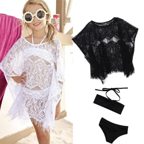 

2020 New Children clothing Swimwear girls split two Pieces swimsuit with cover up lace hollow white Bathing suit Beachwear