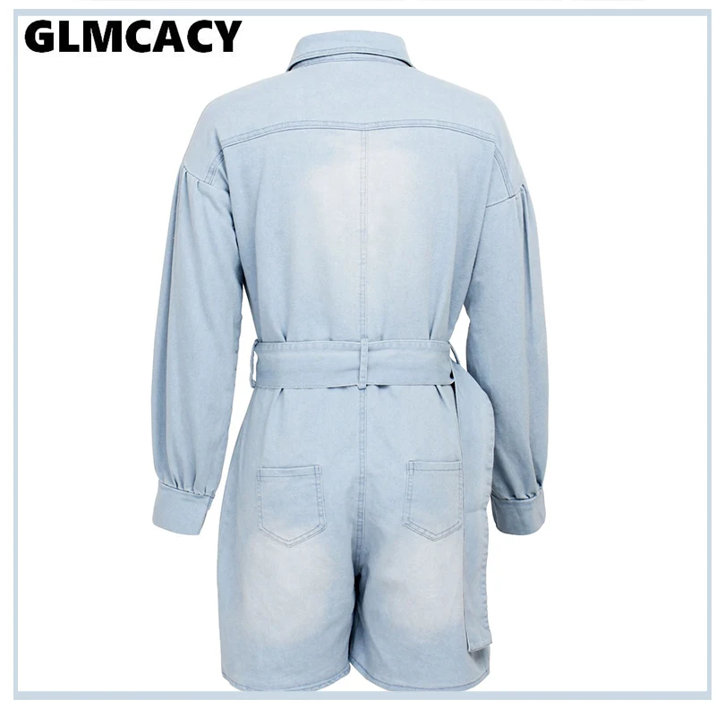 

Button-Front Belted Denim Romper Women Plus Size Long Sleeve Casual Solid Blue Spring Fall Streetwear Rompers