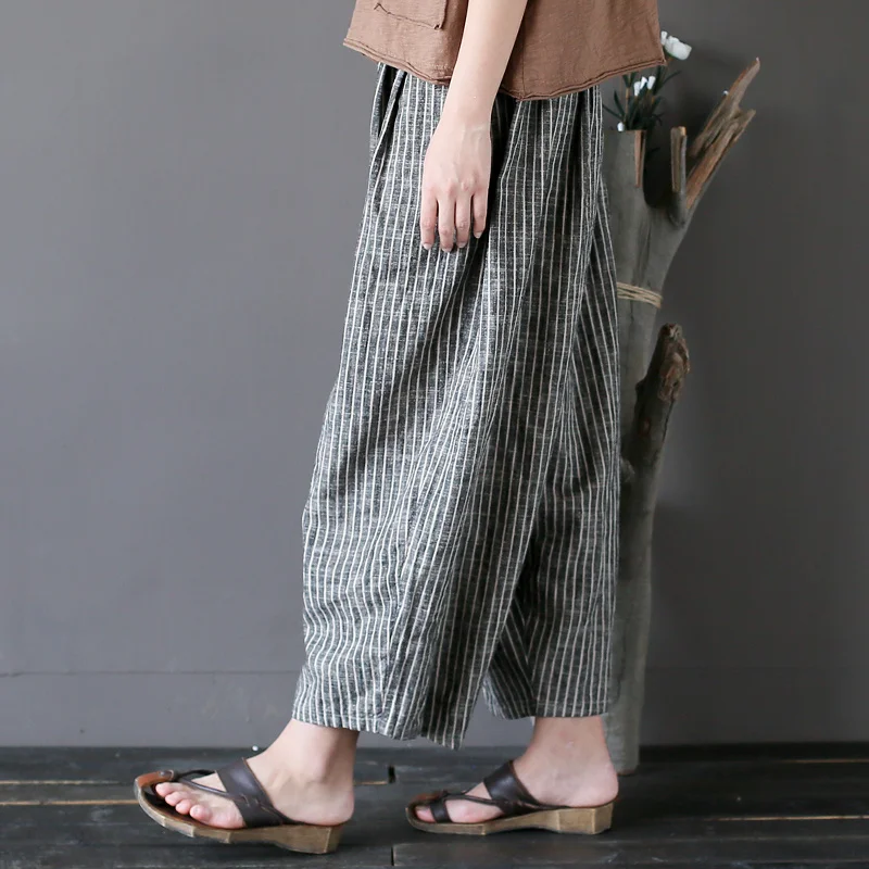 

Johnature 2021 New Summer Women Cotton Linen Harem Pants Casual Loose Striped Plus Size Women Trouser Elastic Waist