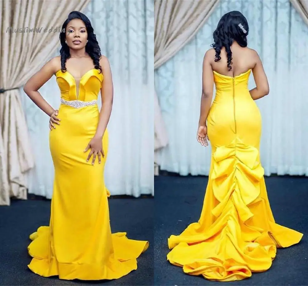 

Elegant Yellow Mermaid African Prom Dresses Sexy Sweetheart Off The Shoulder Satin Plus Size Evening Dress Ruffles Party Gowns