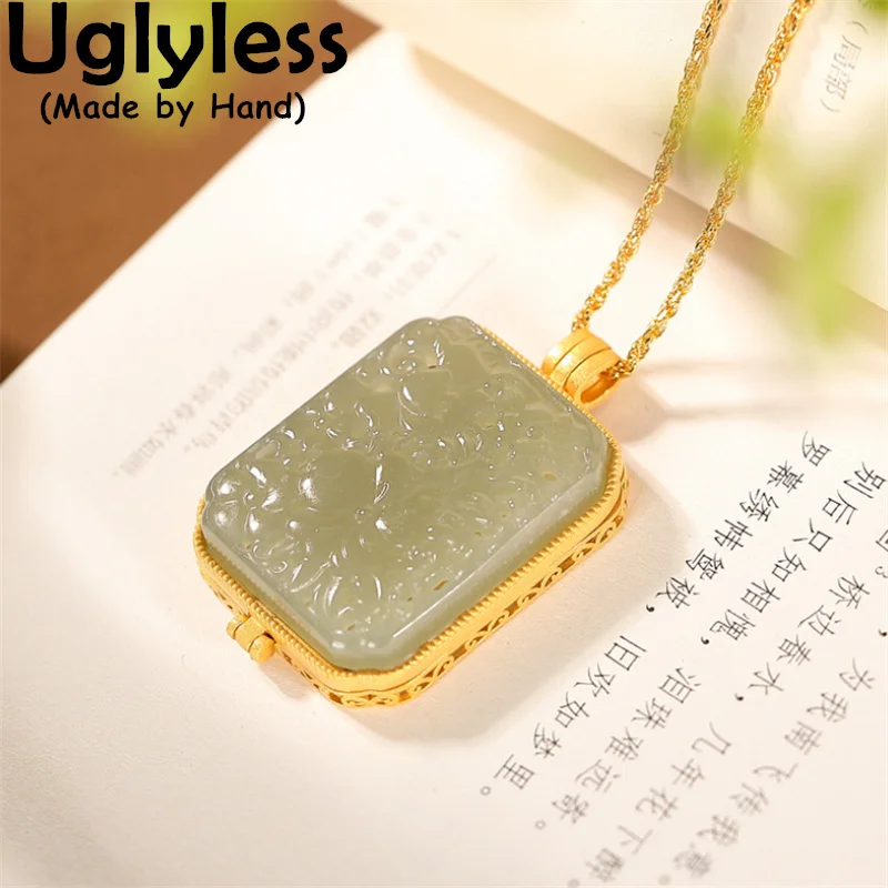 

Uglyless Carved Ethnic Totem Patterns Jade Necklaces for Women Opening Sachet Pendants Square Box Jewelry 925 Silver NO Chains