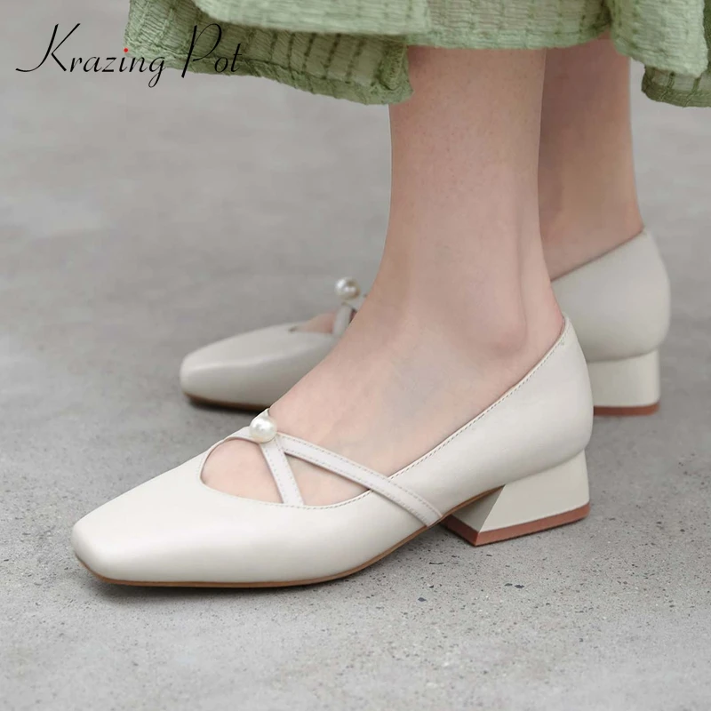 

Женские туфли-лодочки Krazing pot, из натуральной кожи, с квадратным носком, на толстом среднем каблуке, без застежки, с жемчугом, танцевальное пл...