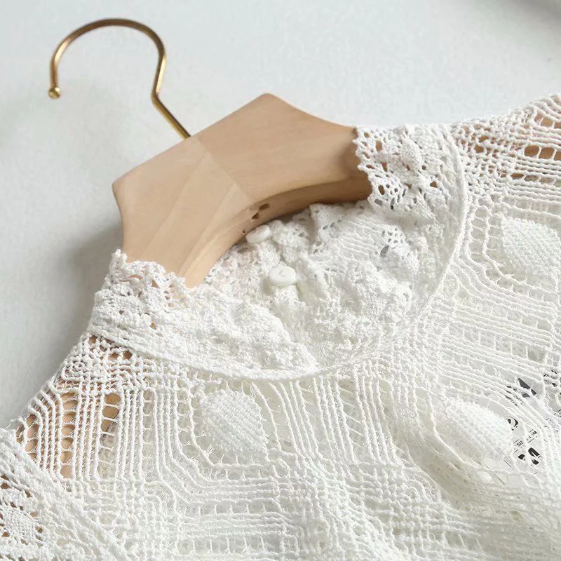 Повседневная Офисная Женская белая блузка кружевной топ без рукавов с круглым