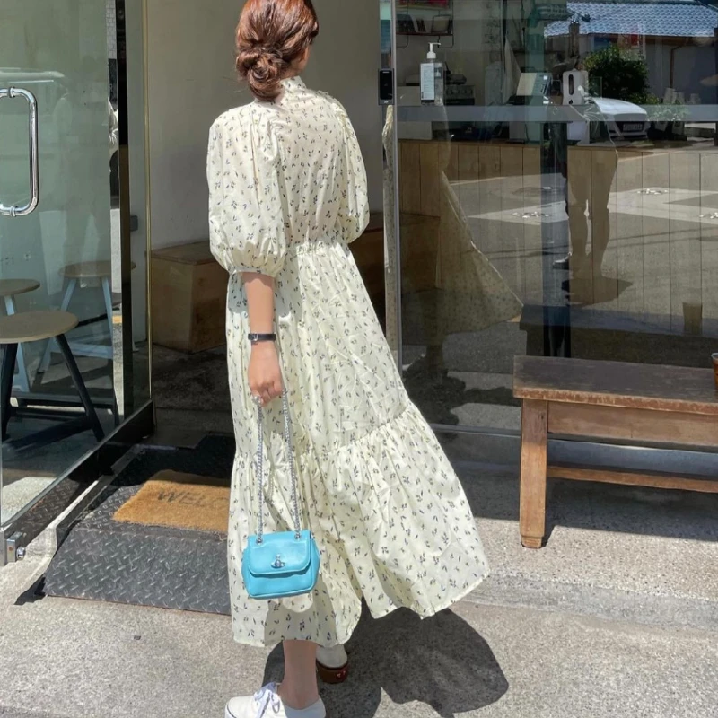 

Korejpaa Women Dress 2021 Summer Korean Fashion Chic Stand-neck Button-down Waist Tie Floral Bubble Sleeve Ruffle Long Vestido