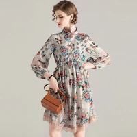 spring dress women 2021 fashion printed lace patchwork drawstring waist chinese style 34 sleeve loose dress above knees