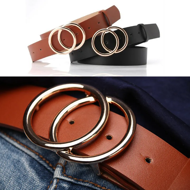 Soft PU Leather Double Ring Buckle Lady Waistband Solid Vintage Female Casual Belt Tighten All-Match Lightweight Women Band