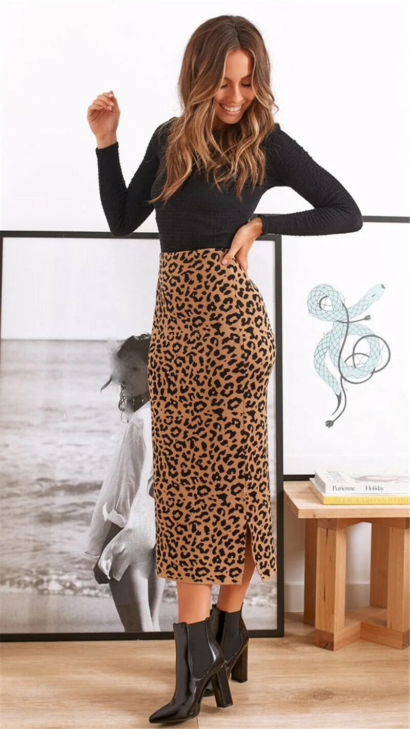 New Women's Skirt Sexy Leopard Midi Party Bodycon High Waist Long Pencli Skirts Autumn Winter Fashion | Женская одежда