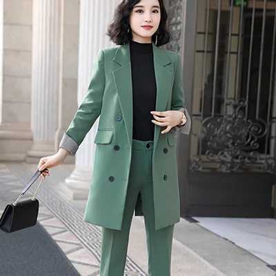 Green Pant Suit Женский брючный костюм, комплект из 2 предметов, офисный Женский комплект с брюками, костюмы, Длинный блейзер, пиджак+ брючный костюм, женский зеленый, красный, черный - Цвет: Green Pant Suit