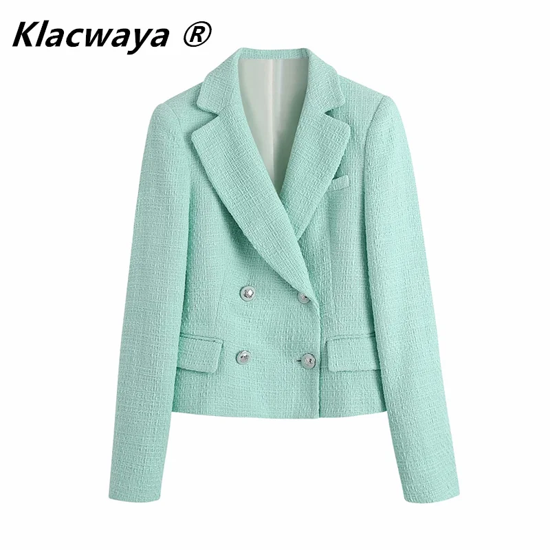 

Klacwaya Za Women Fashion Textured Cropped Blazer Vintage Double Breasted With Pocket Stylish Notched Lapel Jacket Suit Sets