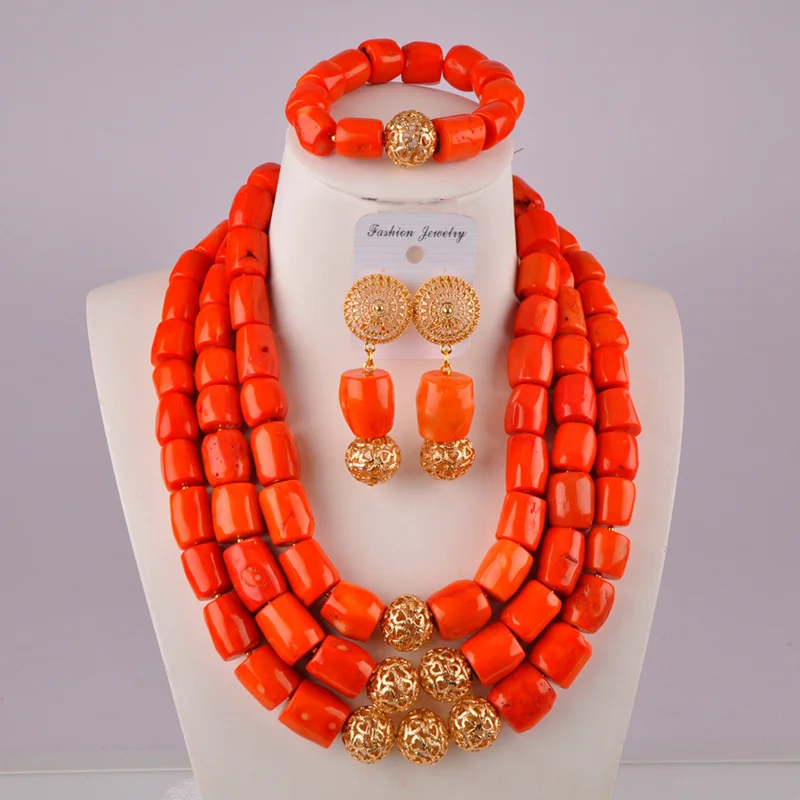 

glorious orange nigerian coral beads african wedding necklace coral jewelry set C21-29-04