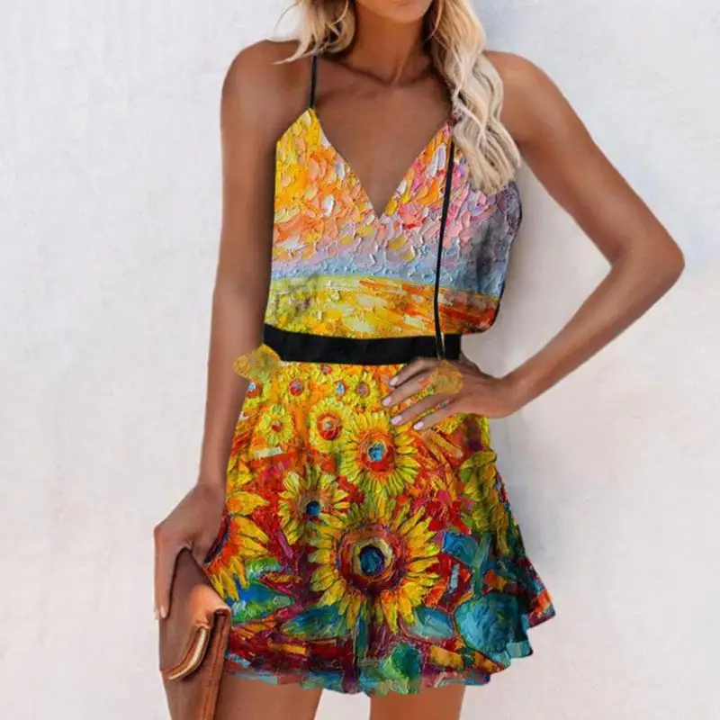 

Fashion Summer Women Printed Mini Suspender Dress Sexy A-Line Backless Dresses V Sleeveless Spaghetti Dress Party Neck Stra G2R8