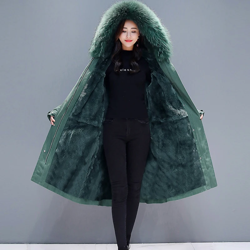 Новинка 2020 женские пальто длинные парки большой размер зеленый меховой воротник