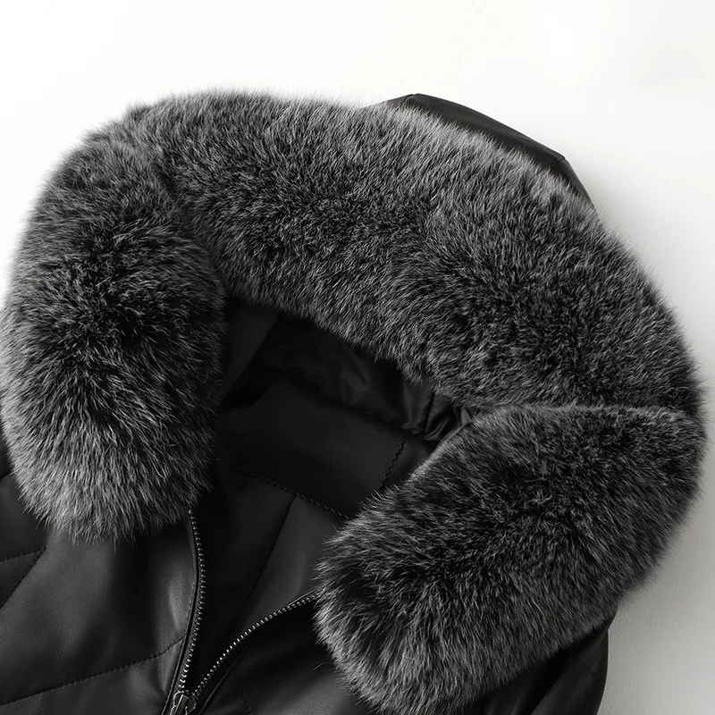 Winter Black Loose Fox Fur Hooded Zipper Woman Coat with Pockets Autumn Formal New Mid-Length SheepSkin Down Jacket