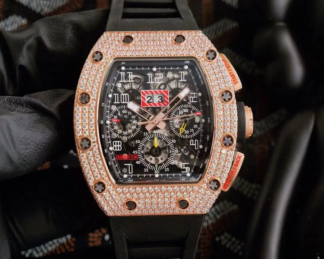 

Luxury New Mens RM11-FM Full Iced Diamonds Watches Automatic Mechanical Movement Rose Gold Red Black Rubber Bracelet Watch AAA+
