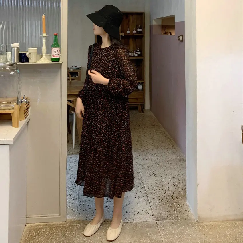 

2021 Spring Flower Chiffon Dress Women Long Sleeve O-Neck Calf Length Straight One Piece Crepe Dresses Plus Size Streetwear 4XL