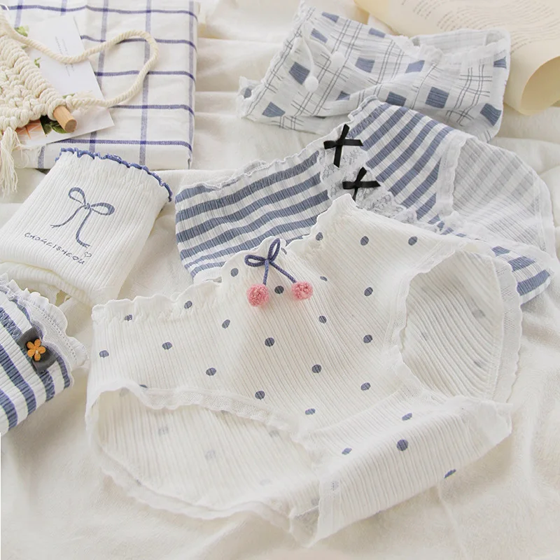 

new underwear 5pc/bag new cotton lovely middle waist briefs young girl panties striped blue Teenagers Intimates students M -XL