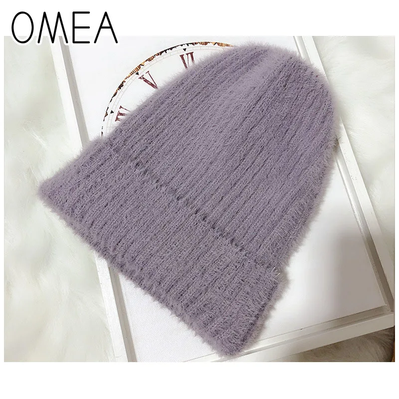 Однотонная Вязаная Шапка бини OMEA для женщин зимние шапочки из кроличьего меха