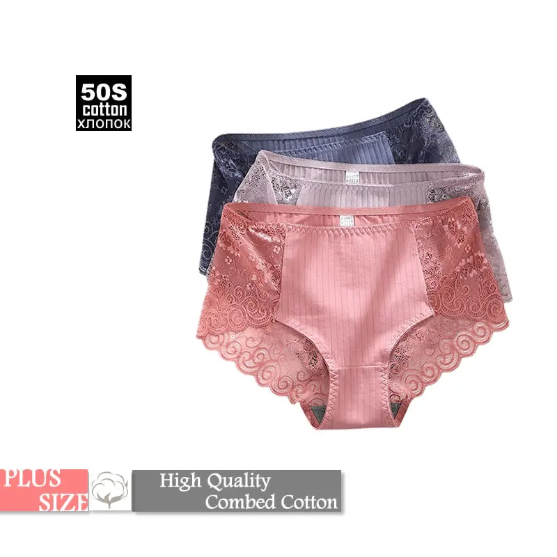 

PLUS SIZE Combed Cotton Solid Mid-Rise LACE Floral Women's BRIEFS Soft And Breathable Crotch Bacteriostasis 6COLORS in Option
