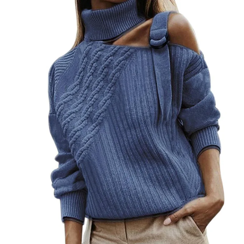 Turtleneck Long Sleeve Knitted Sweater Women Sexy Off Shoulder Patchwork Pullover 2020 Winter Autumn Fashion Ribbed Sweaters Top | Женская