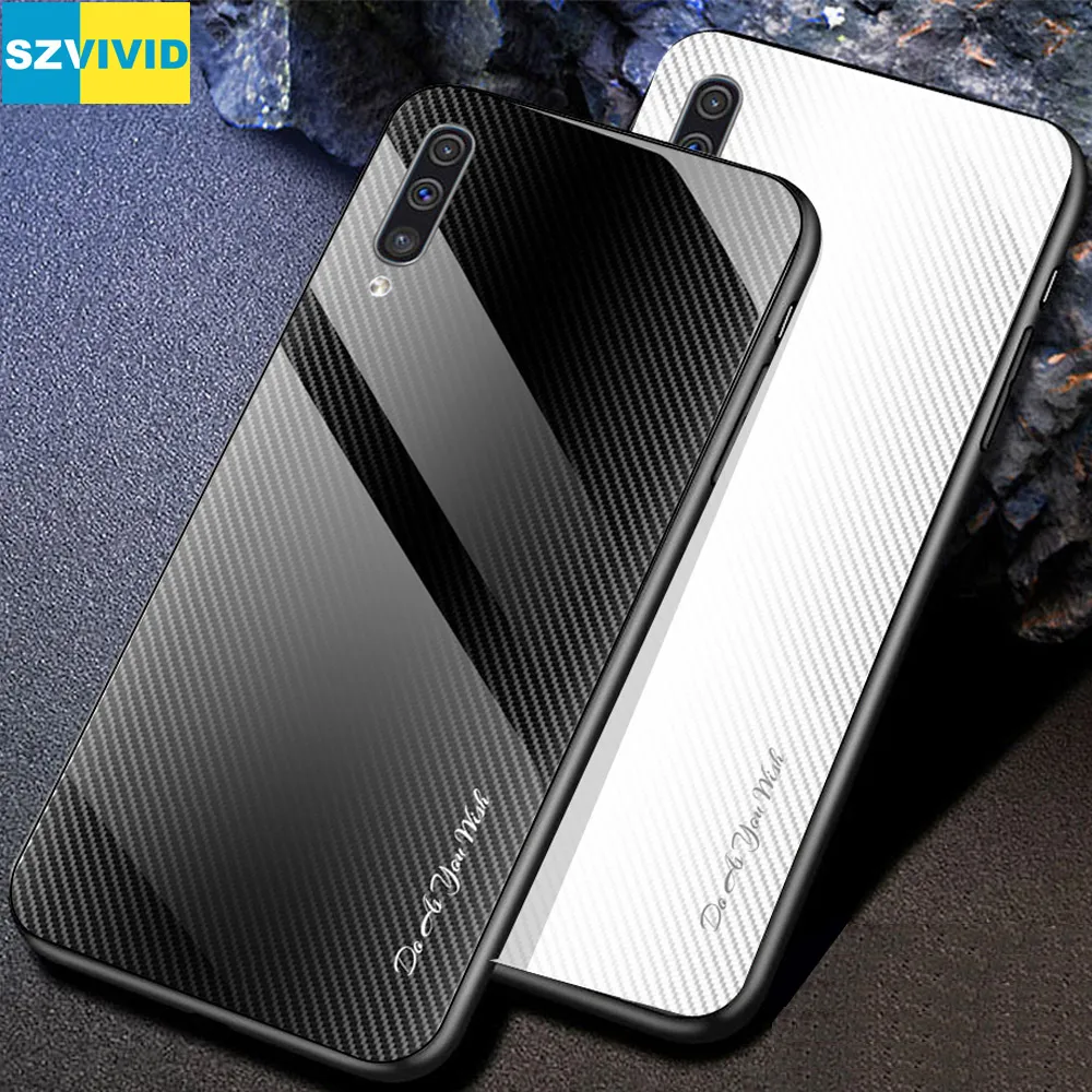 Чехол из углеродного волокна с градиентом и закаленным стеклом для Samsung Galaxy A50 A40