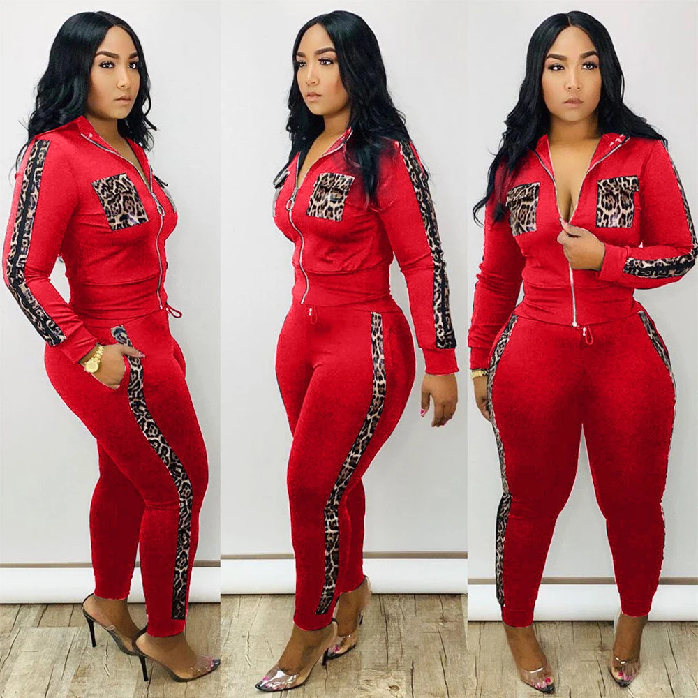 

2020 New Fashion 2 Piece Clothing Set Women Leopard Print Zipper Top Pants Suit Ladies Sexy Leisure Two Piece Tracksuit
