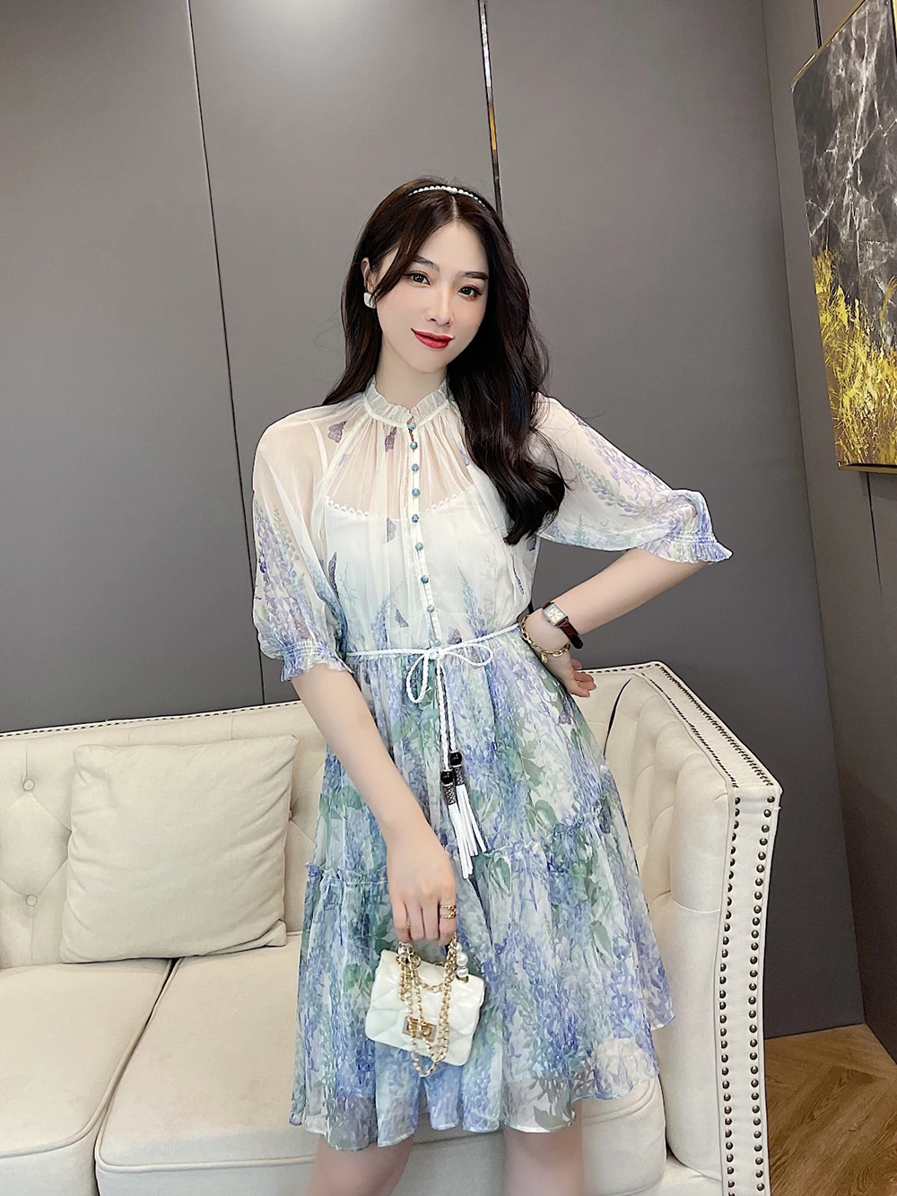 

New 2021 summer high-end customized light luxury romantic printed dress women