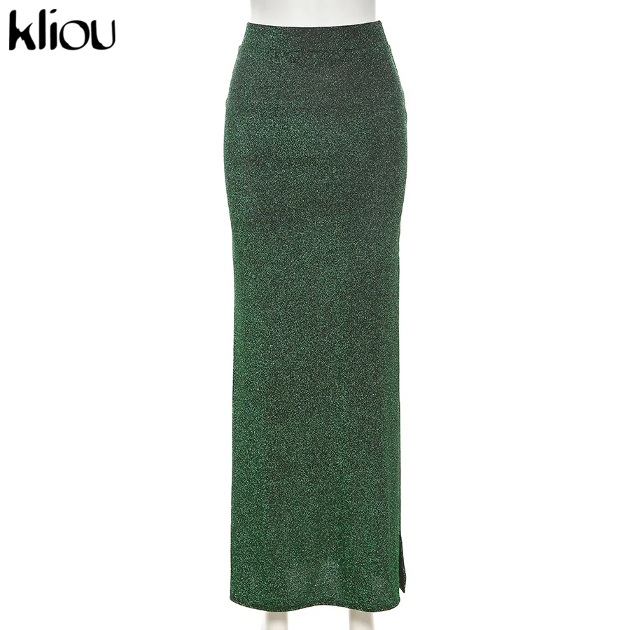 

Kliou Shiny Bright Silk Women Skirt Elegant Straight Loose Side Slit Elastic Waist Casualwear Female Party vestido de mujer