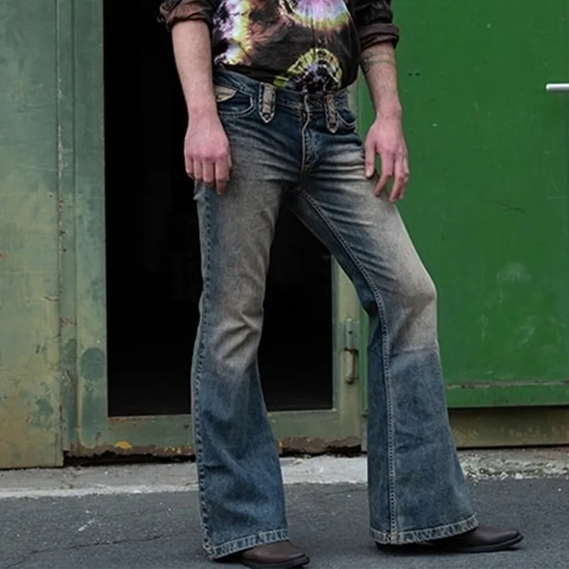 

Puimentiua 2021 Autumn Loose Pants Men New Pantalon Large Ripped Flare Jeans Elastic Bell Bottom Jeans Flared Mens Pants Man