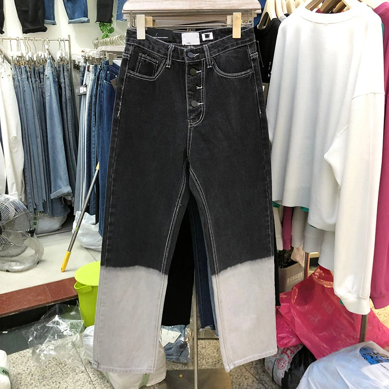 

Japan Korean Vintage Casual Tie dye Jeans Pant women High Street Hip Hop Washed Denim Straight Trousers KZ837