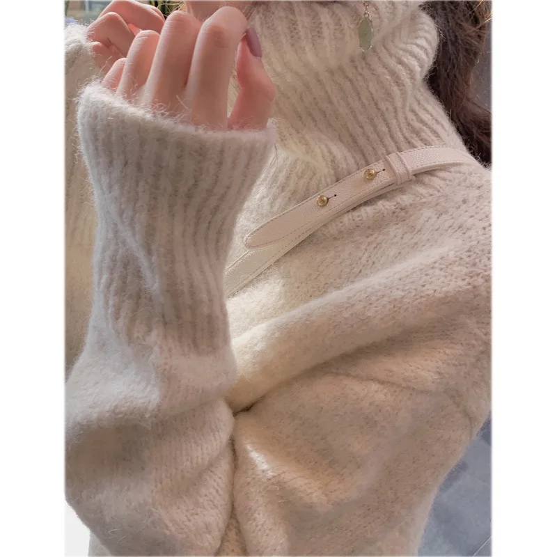 

Turtlenck Creamy White Knitted Pullover Sweater for Woman 2020 Autumn Winter Harajuku Kpop Korean Style Female Clothing