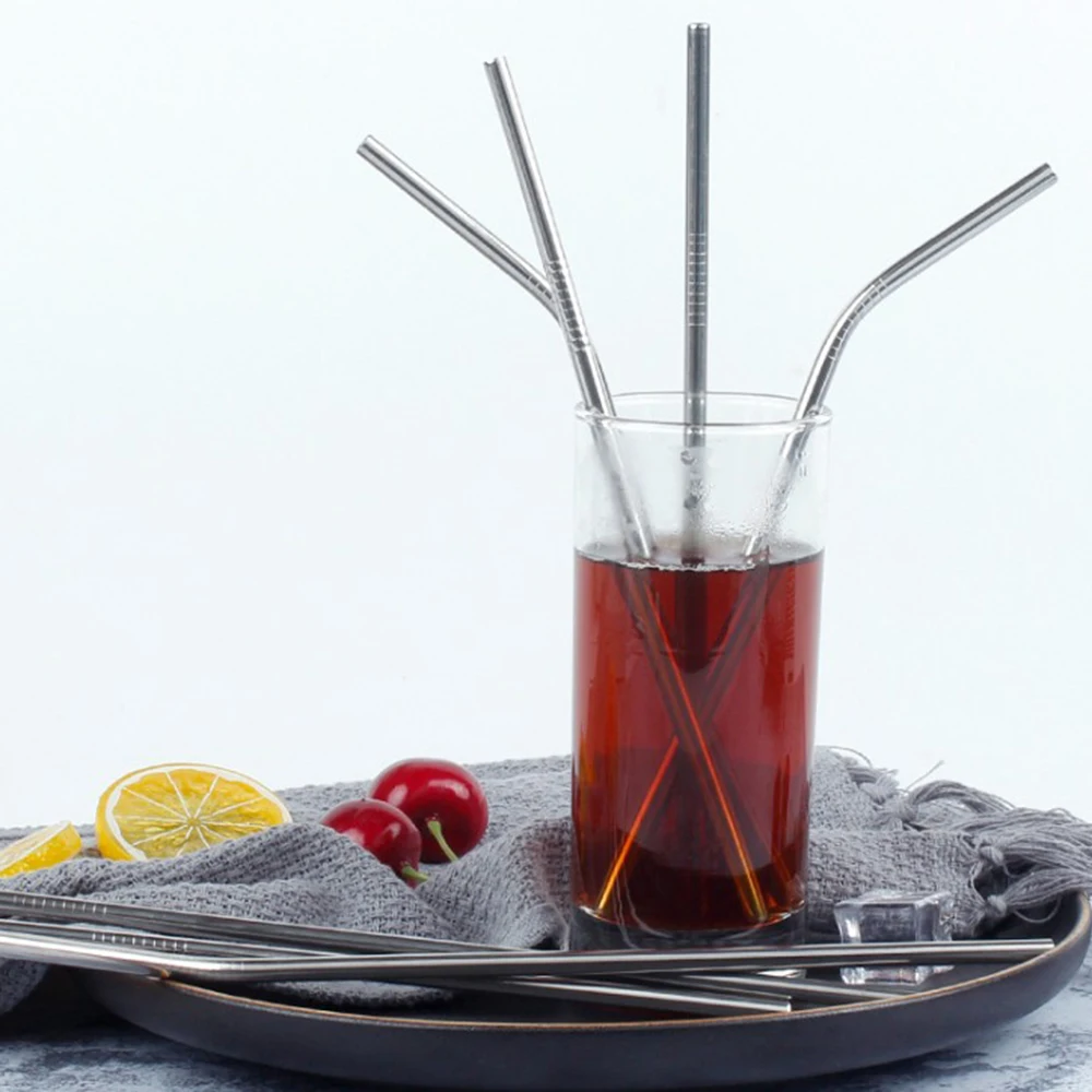 

8Pcs Eco Friendly Reusable Stainless Drinking Straws Metal Sturdy Bent Straight Straw with 2 Cleaner Brush Kit Party Bar Tools