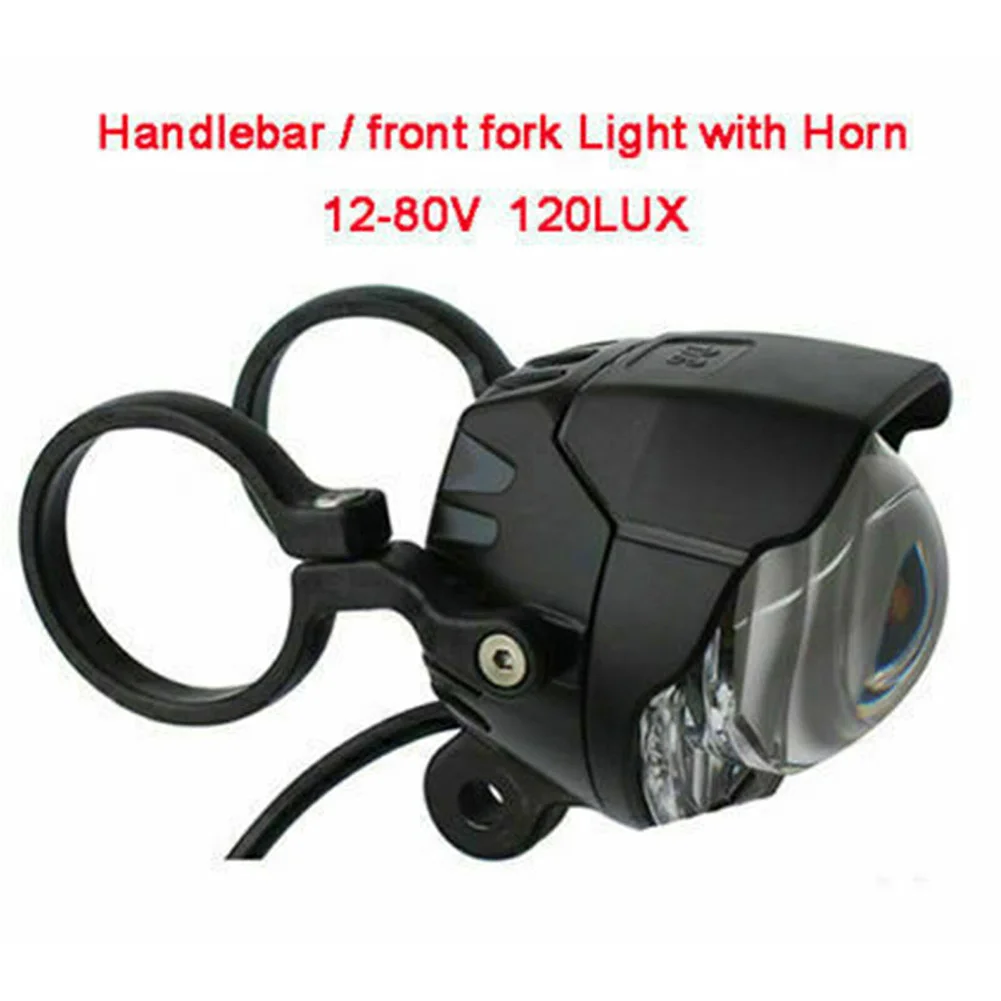 

E-bike DC12-80V LED Head Light Front Fork Handlebar Lamp Horn Scooter W/ Bracket Cycling Front Lamp Bicycle Accessories