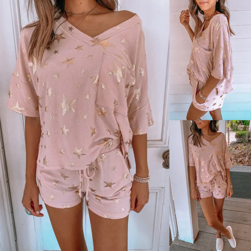 2021New Summer Women's Pajamas Printed Short-sleeved Casual Home Wear Pijamas Women Sleepwear for Sleep Tops Pink | Женская одежда