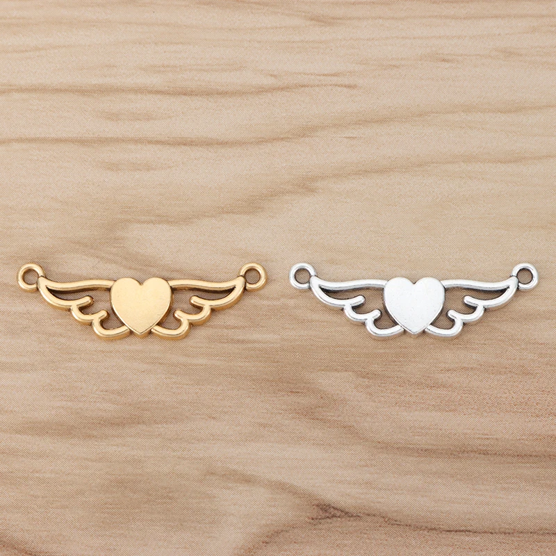 20 шт. античные золотые подвески в форме крыльев Ангела с соединителем сердца для