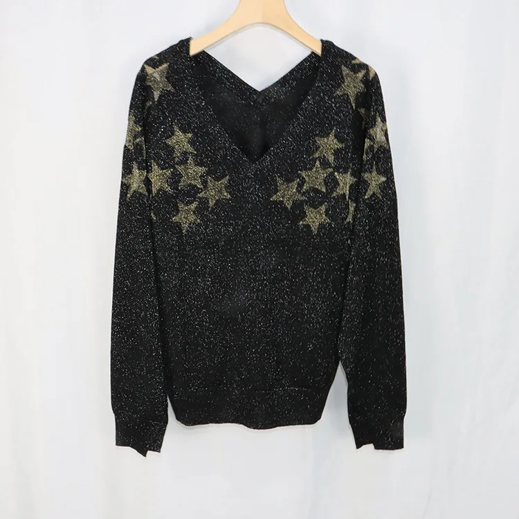 

Women Sweater 2021 Early Autumn New Gold Star Print Fashion Double V Neck Turtleneck Long Sleeves Slim Women's Knitting