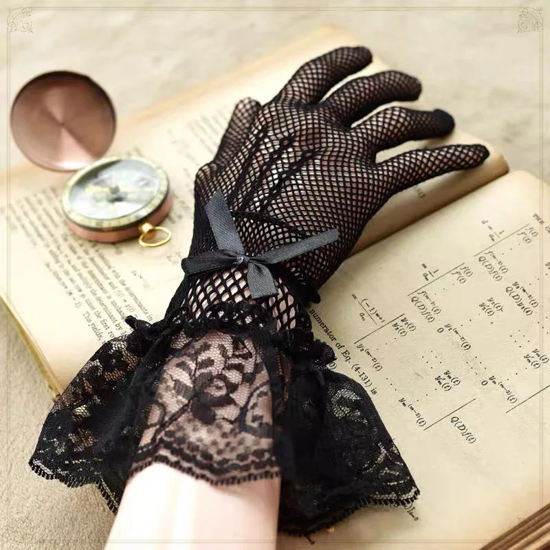

1 Pairs Women Gloves Lace Full Finger Gloves Short Tulle Gloves Etiquette Gloves Stretchy Sheers black Mittens Lace Bow Gloves