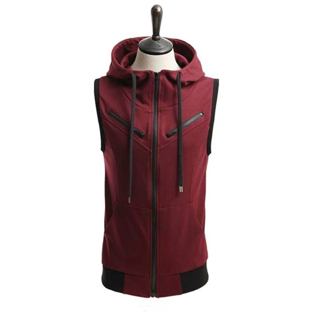 Мужской однотонный жилет с капюшоном на молнии карманами Приталенный без