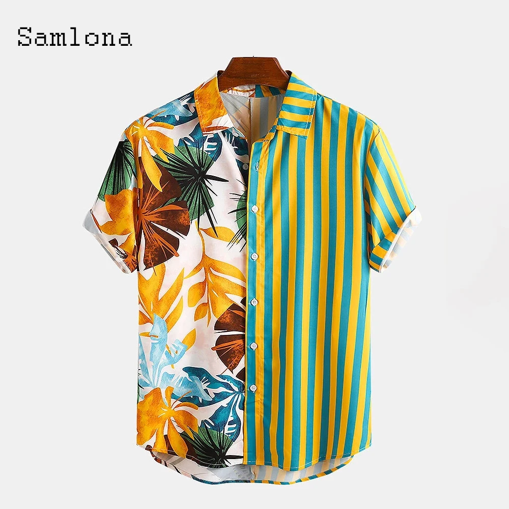 Samlona Leisure Shirt Patchwork Basic Tops Men clothing 2021 Summer Flower Print Casual Open Stitch Mens Blouse Plus size S-3XL