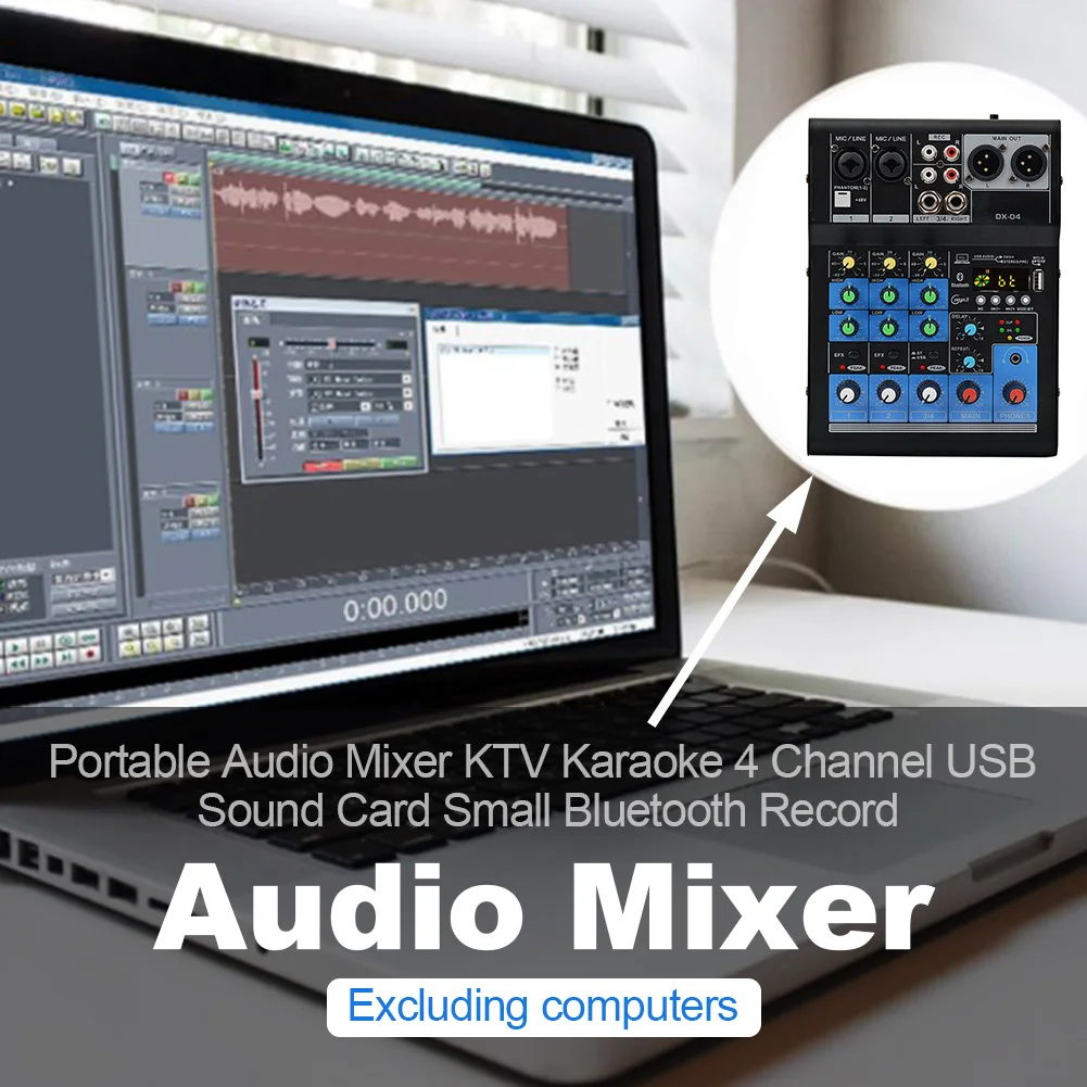 

Home Stereo KTV Portable USB Audio Mixer Small Bluetooth Sound Card Professional DJ 4 Channel Mixing Console