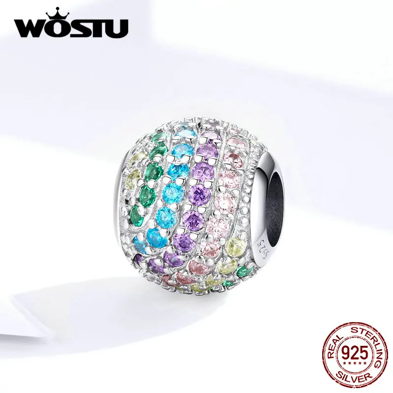 WOSTU, радужные круглые бусины, 925 пробы, серебро, разноцветный циркон, шарм, подходит для оригинального браслета, подвеска, серебро 925, ювелирное изделие, FIC1355